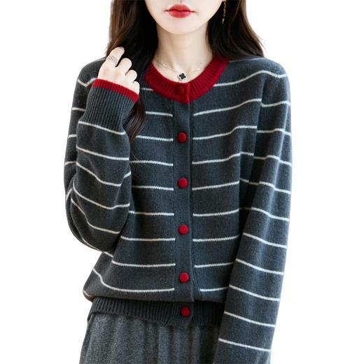 丁摩 100%纯羊毛宽松圆领条纹针织上衣M2-457 商品图4