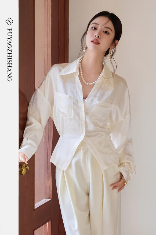 FUYAO扶摇 醋酸缎面衬衣女2025秋法式高级感白衬衫设计感小众上衣 商品图5