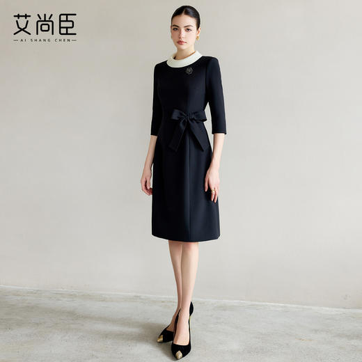 艾尚臣黑色西装连衣裙女圆领缎面拼接裙子秋款职业套裙气质工作服 商品图3