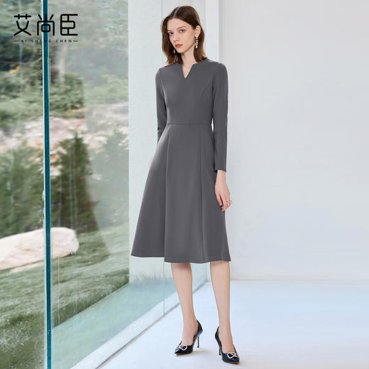 艾尚臣灰色职业连衣裙女气质设计感职业装优雅裙子正式场合工作服 商品图3