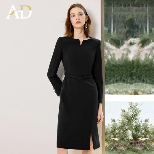 AD黑色气质连衣裙女2025新款秋冬中长款职业工作服开叉西装裙中长 商品图3