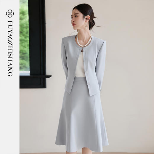 FUYAO扶摇 醋酸时尚套装女2025秋季蓝色圆领气质小香风西装两件套 商品图0