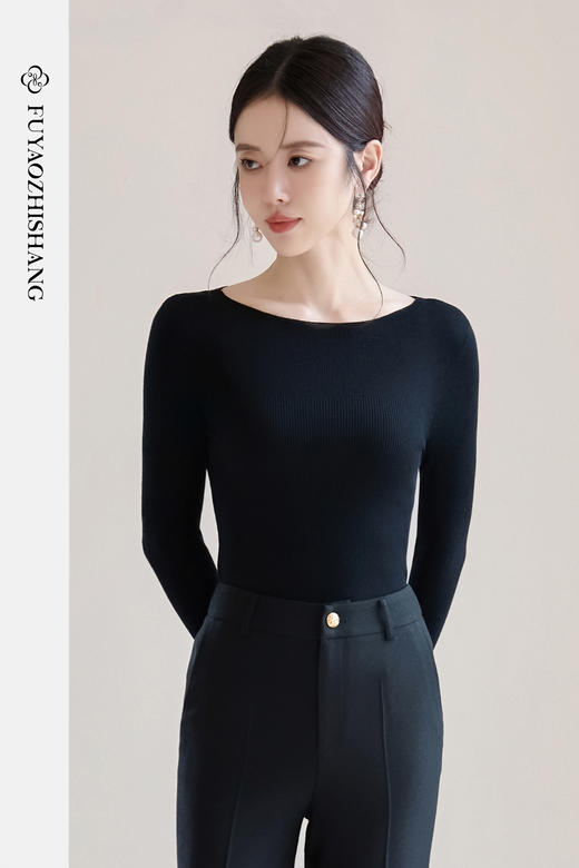 FUYAO扶摇 【100%绵羊毛】黑色显瘦打底衫女新款修身百搭针织衫冬 商品图5