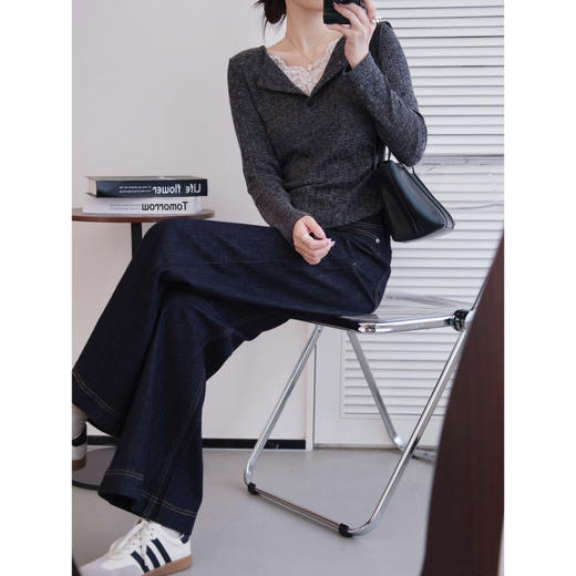 【蕾丝拼接抽褶打底衫】格雷系穿搭 镂空蕾丝+针织的组合 恰到好处的收腰设计 商品图5