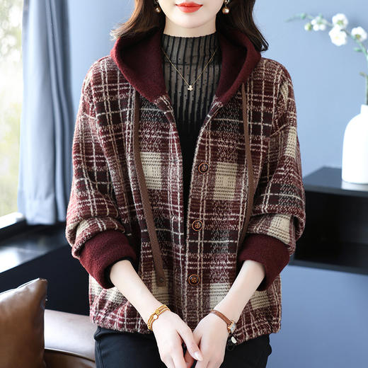 CC 10-5072连帽格子宽松呢子针织开衫 商品图3