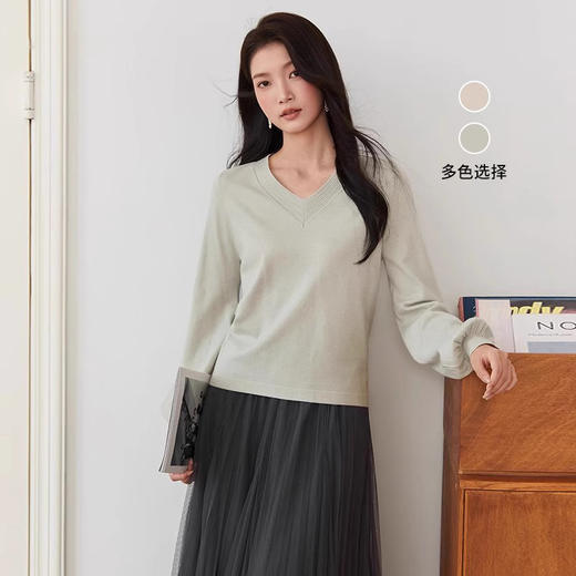 Famecoco范可儿套头针织衫纯色V字领简约百搭春秋新FAB6DD002 商品图0