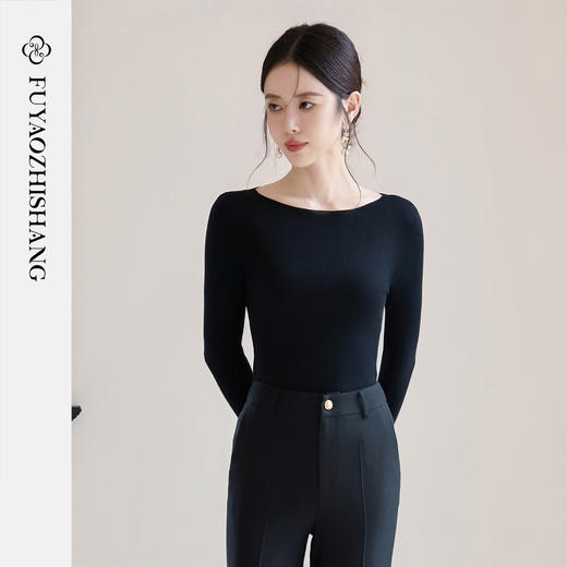 FUYAO扶摇 【100%绵羊毛】黑色显瘦打底衫女新款修身百搭针织衫冬 商品图0