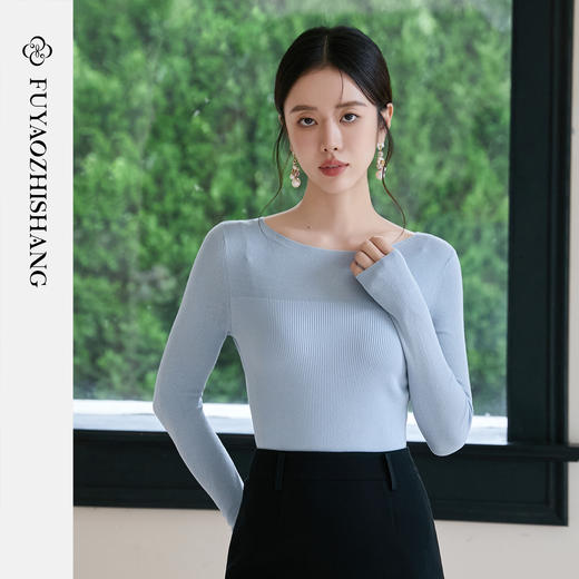 FUYAO扶摇 【纯羊绒】一字领修身针织衫女2025新款朦胧透视上衣冬 商品图1