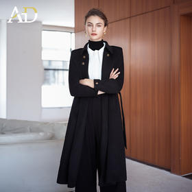 AD羊毛大衣女秋冬2025新款宽松直筒翻领风衣外套高端收腰黑色呢子