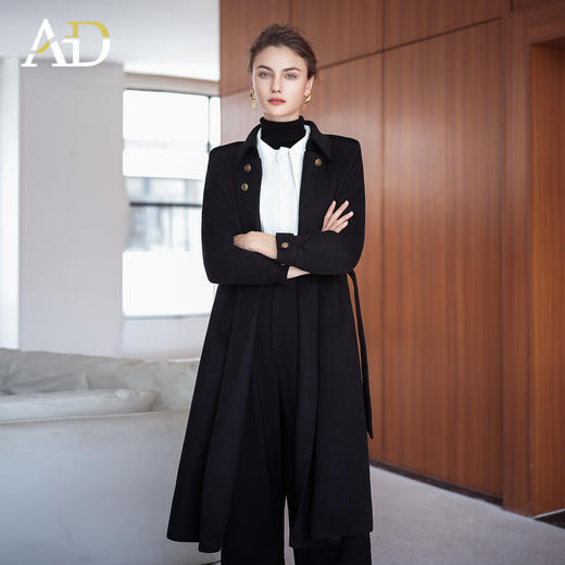 AD羊毛大衣女秋冬2025新款宽松直筒翻领风衣外套高端收腰黑色呢子 商品图0