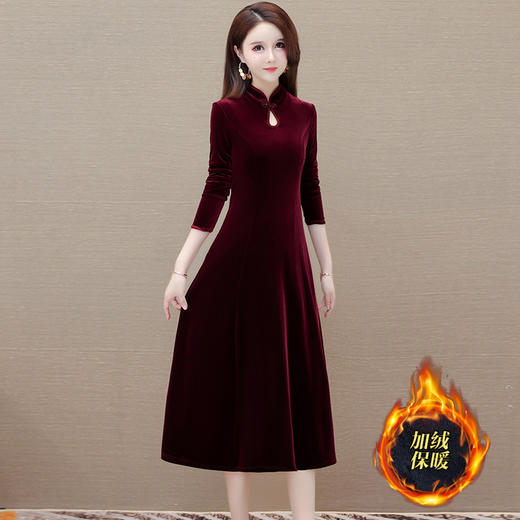 OMS-CB307时尚洋气大码加绒金丝绒连衣裙女冬季2025新款修身气质过膝打底裙 商品图2
