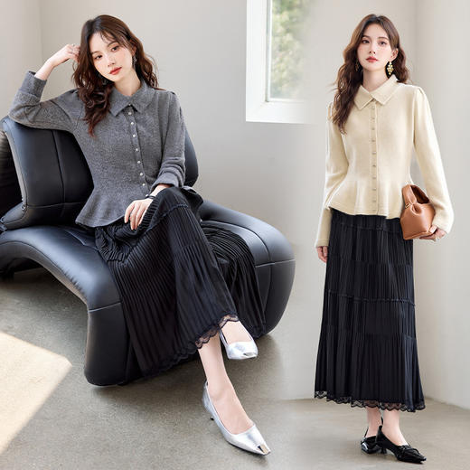 HR YBER618法式简约风珍珠圆领收腰气质款两件套裙 商品图0