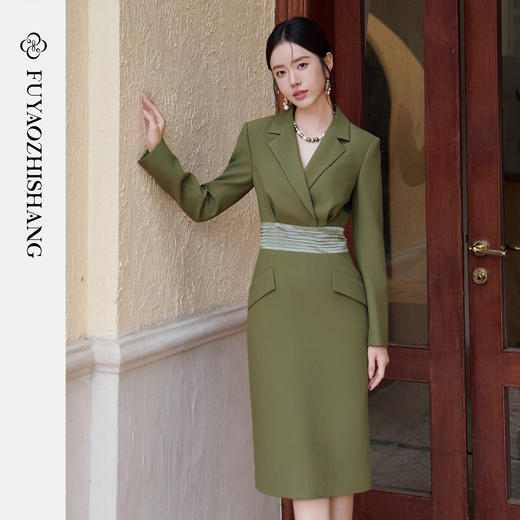 FUYAO扶摇 轻奢新中式连衣裙撞色设计感复古优雅西装裙子修身显瘦 商品图0