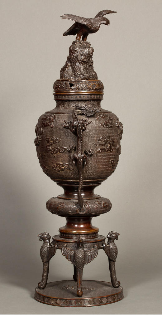 独角鹿西洋古董 19世纪末20世纪初日本明治时期出品祥龙纹双龙耳凤鸟四足铜雕大香炉 商品图1