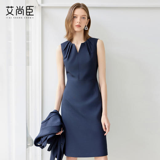 艾尚臣藏青色气质连衣裙女正式场合端庄西装裙轻奢高级感工作服秋 商品图0