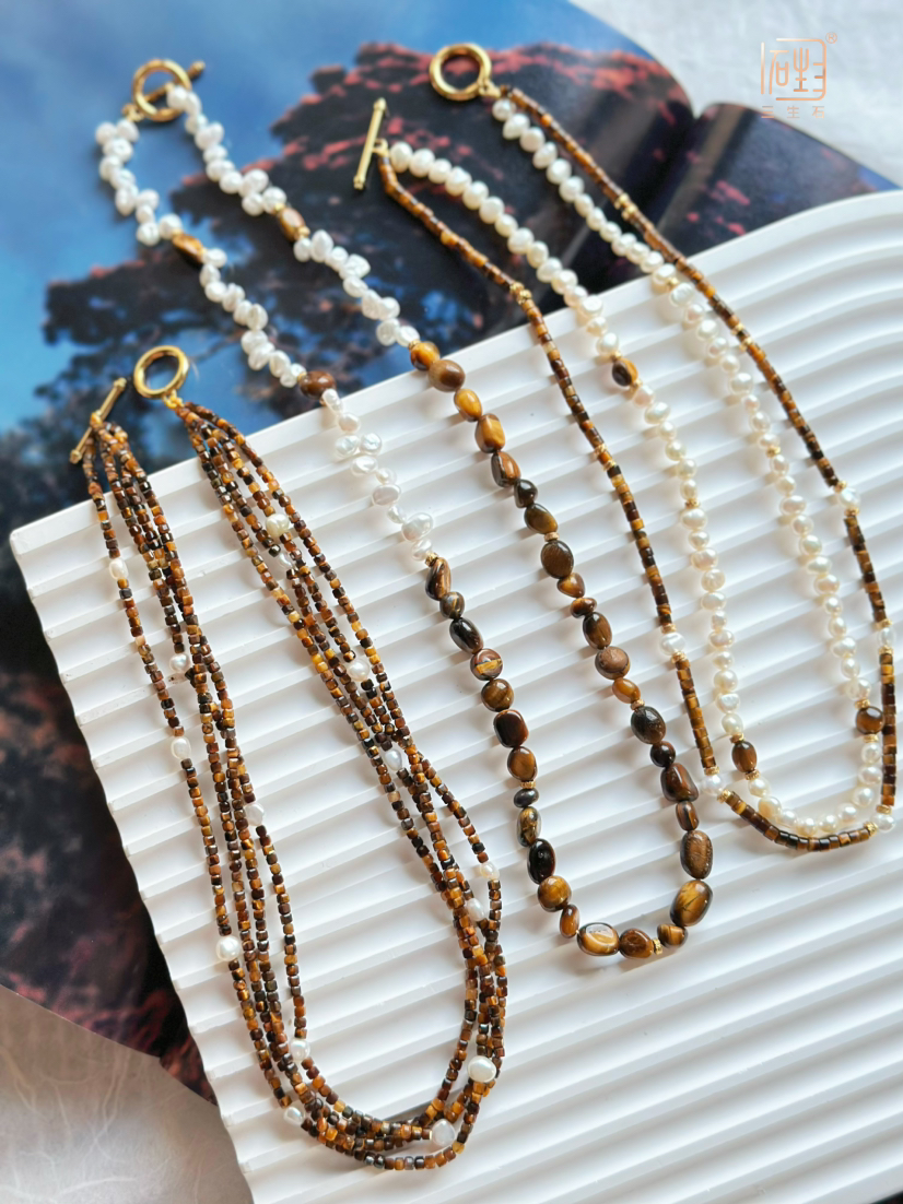三生石美拉德色系 虎睛石巴洛克珍珠设计项链
