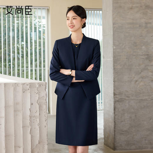 艾尚臣藏青色高级感时尚西装连衣裙气质商务修身显瘦两件套工作服 商品图3