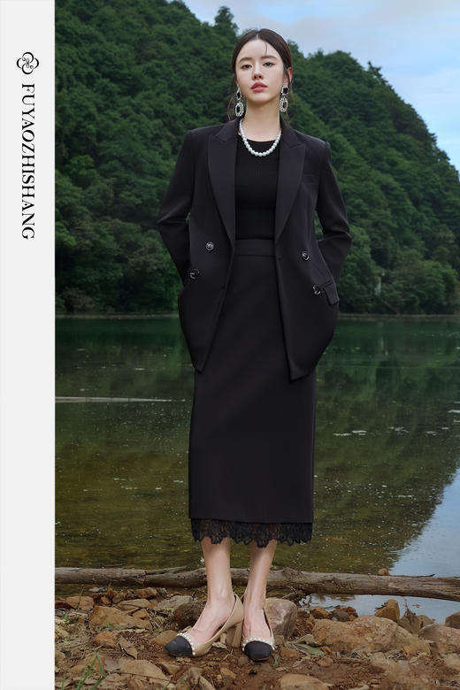 FUYAO扶摇 醋酸高级感西装两件套女黑色宽松西服外套优雅时尚套装 商品图5