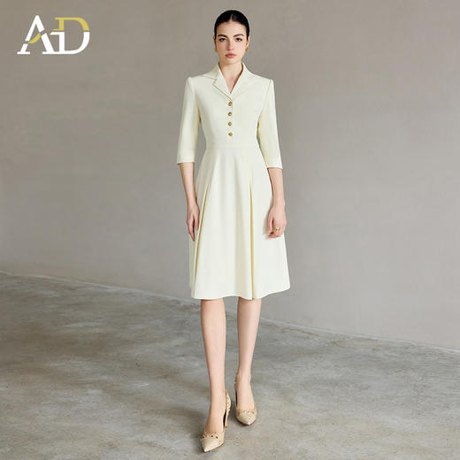 AD米色中袖连衣裙女气质名媛高端女神范高级感小翻领大摆西装裙子 商品图2