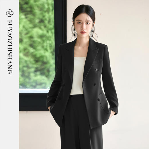 FUYAO扶摇 秋冬时尚套装女黑色双排扣阔版西装直筒裤高级感两件套 商品图2
