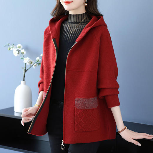 CC 10-5065连帽拉链时髦呢子针织开衫宽松外套 商品图0