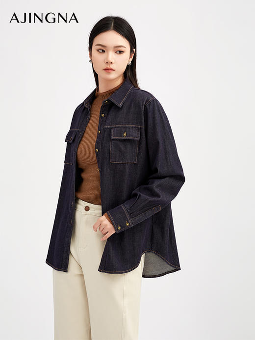 【商场同款】阿菁娜秋季新款复古牛仔蓝衬衫宽松廓形带盖贴兜腔调感叠穿搭配A30Q209023 商品图1