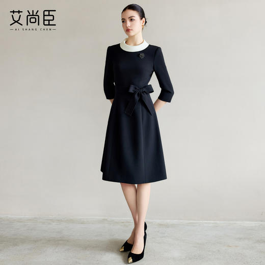 艾尚臣黑色西装连衣裙女圆领缎面拼接裙子秋款职业套裙气质工作服 商品图1