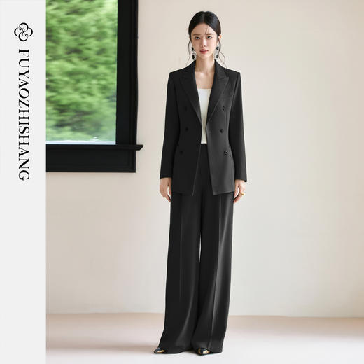 FUYAO扶摇 秋冬时尚套装女黑色双排扣阔版西装直筒裤高级感两件套 商品图0