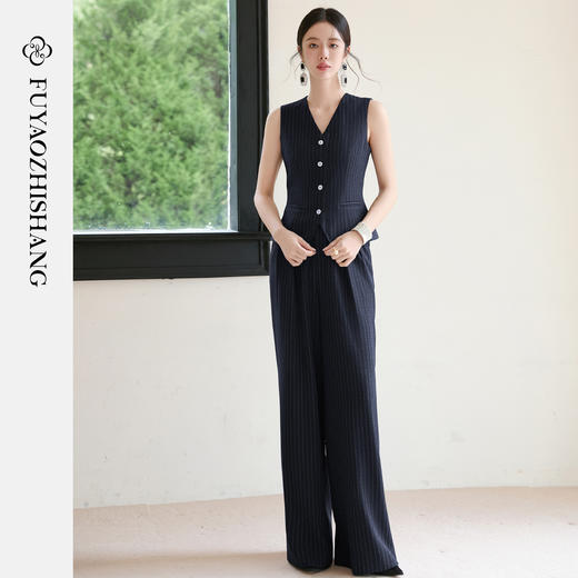 FUYAO扶摇 藏青色条纹西装马甲女秋冬新款复古叠穿无袖背心上衣 商品图1