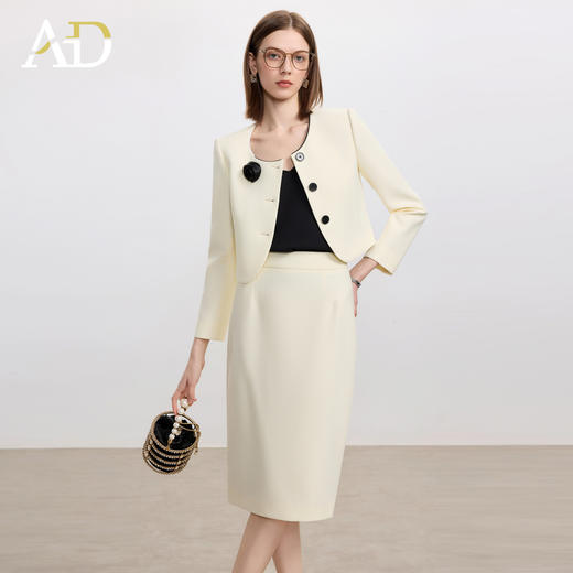 AD米白色名媛范两件套女高腰半身裙秋冬新款职场通勤圆领短外套 商品图2