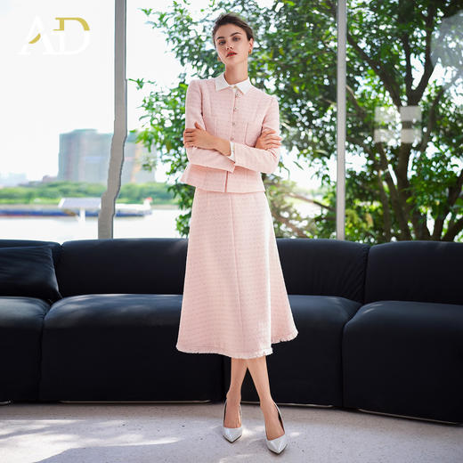 AD韩系早秋穿搭一整套2025新款浅粉色手工拉毛小香风套装流苏伞裙 商品图2