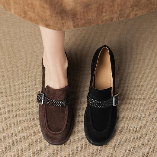 【预售5天】法式头层羊翻皮中跟乐福鞋女秋冬加绒深口单鞋一脚蹬小皮鞋NGMZR&72-231 商品图1