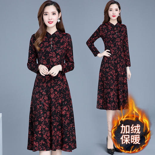 XYKL-16S时尚印花加绒大码连衣裙女冬季2025年新款韩版修身气质优雅打底裙 商品图0