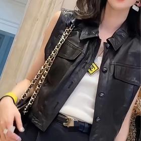 丁摩 绵羊皮小香风短款上衣休闲方领坎肩外套2381