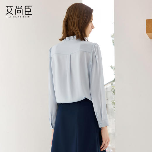 艾尚臣蓝色休闲衬衫女高级感秋季长袖百搭职业衬衣法式花边领上衣 商品图4