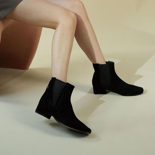 Westory2025年冬季小方头方根流苏切尔西“波嬉风“休闲短靴W25DS85491 商品图1