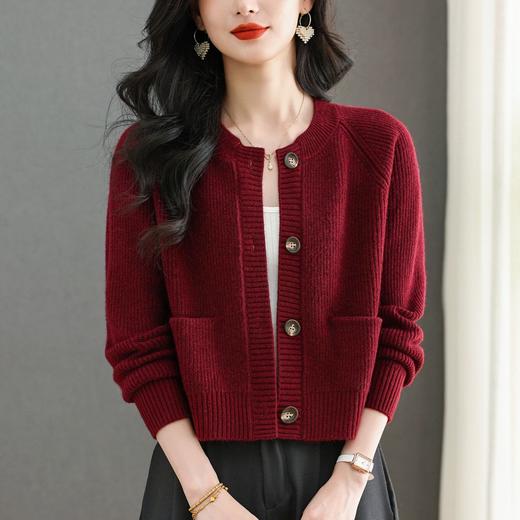复古红色针织开衫，圆领短款显瘦百搭口袋毛衣长袖小外套CC-101-32122 商品图2