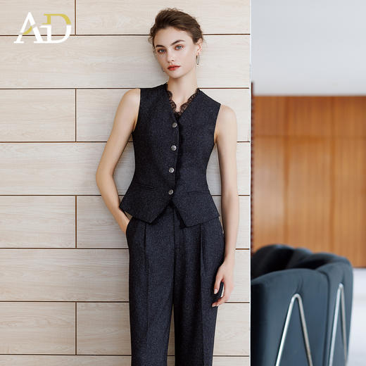 AD时尚英伦风马甲女高级感职业装蕾丝边马夹上衣花灰色直筒西装裤 商品图0