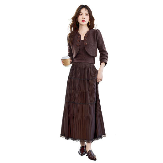 HR YBER616法式浪漫洋气时尚小香风丝绒花朵扣韩版三件套裙 商品图4