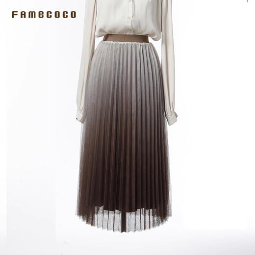 Famecoco范可儿半身裙网纱优雅百褶A字型裙自然腰通勤FAB6HA004 商品图4