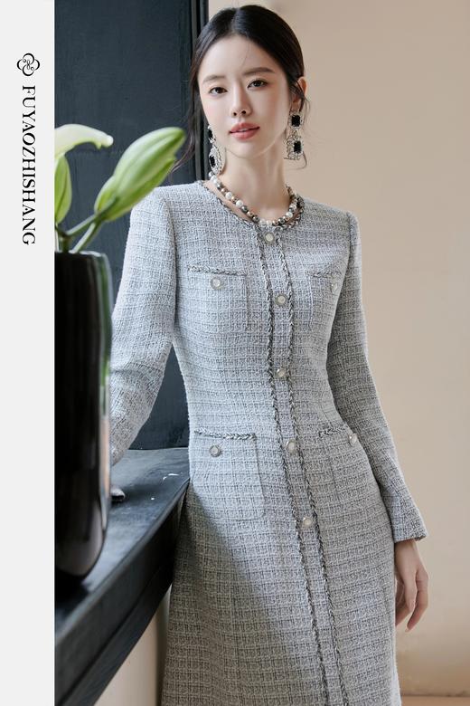 FUYAO扶摇 粗花呢小香风连衣裙女2025新款圆领长袖裙子通勤高级感 商品图5