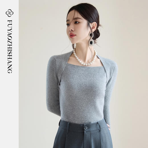 FUYAO扶摇 弹力显瘦羊绒衫女2025冬新款针织衫显瘦露锁骨纯羊毛衫 商品图3