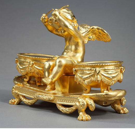 独角鹿西洋古董 19世纪法国出品路易十六风格铜鎏金雕饰小天使主题墨水台 商品图4