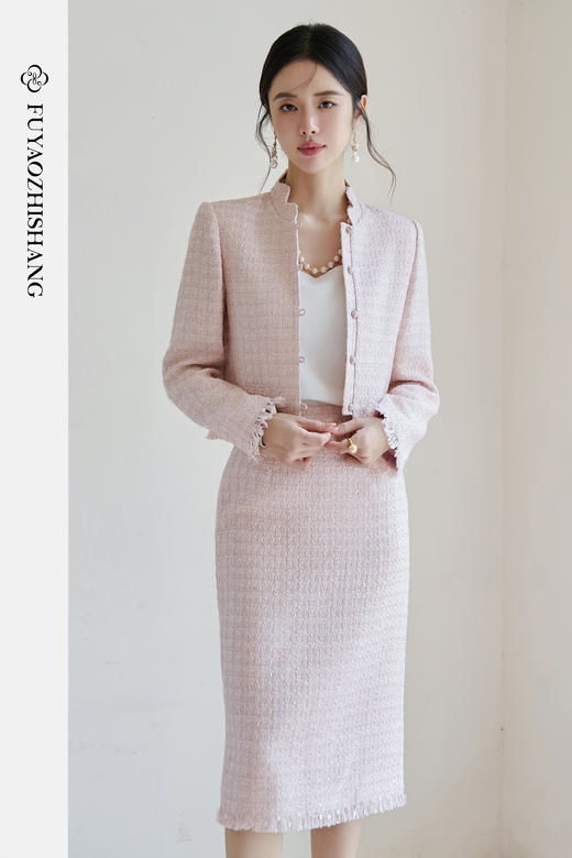 FUYAO扶摇 轻奢小香风套装秋冬盘扣立领短外套温柔富家千金感穿搭 商品图5