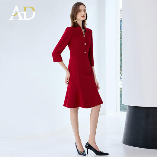 AD法式优雅V领长袖连衣裙2025年秋季新款红色订婚裙修身中长裙子 商品图3