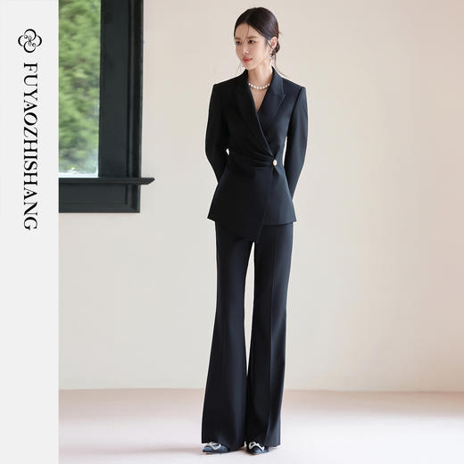 FUYAO扶摇 黑色西装套装女2025秋高级感醋酸西服外套微喇裤两件套 商品图0