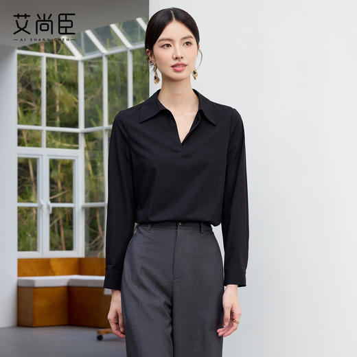 艾尚臣新款高级感黑色轻熟风V领衬衫气质简约通勤正式场合上衣 商品图3