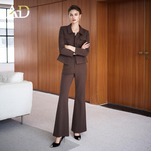 AD秋冬季磨毛套装女士职场通勤两件套2025新款棕色收腰正装阔腿裤 商品图3