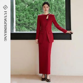 FUYAO扶摇 新中式红色西装两件套女秋冬羊毛西服复古国风时尚套装