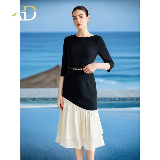 AD重要场合连衣裙秋季气质女神范职业西装裙接拼米白色荷叶边包裙 商品图2